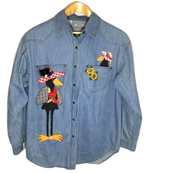 Vintage 90s Justin Allen Blue Crow Sunflower Appliqué Novelty Denim Shirt Size M - Picture 10 of 12